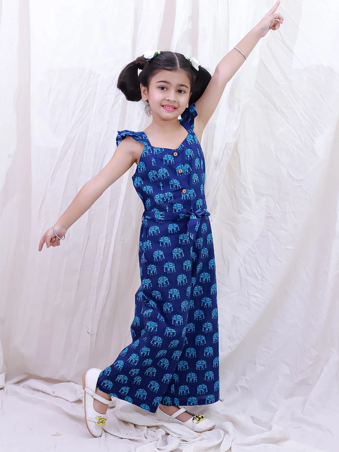 BownBee Pure Cotton Sleeveless Quirky Printed  Jumpsuit For Girls - Yellow