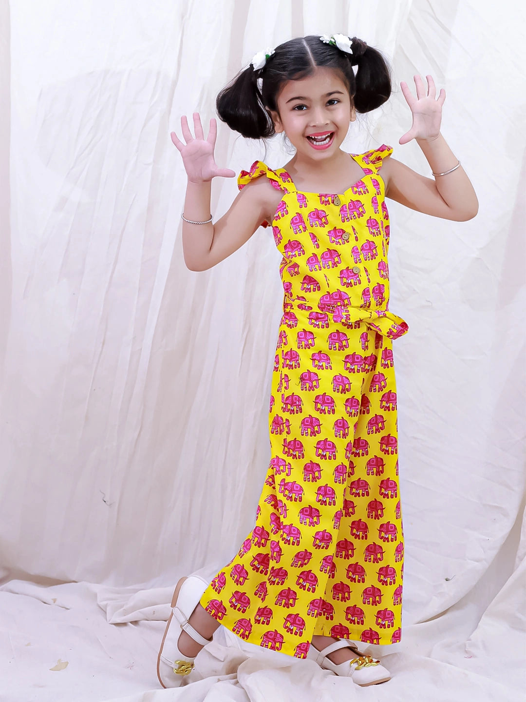 BownBee Pure Cotton Sleeveless Quirky Printed  Jumpsuit For Girls - Yellow