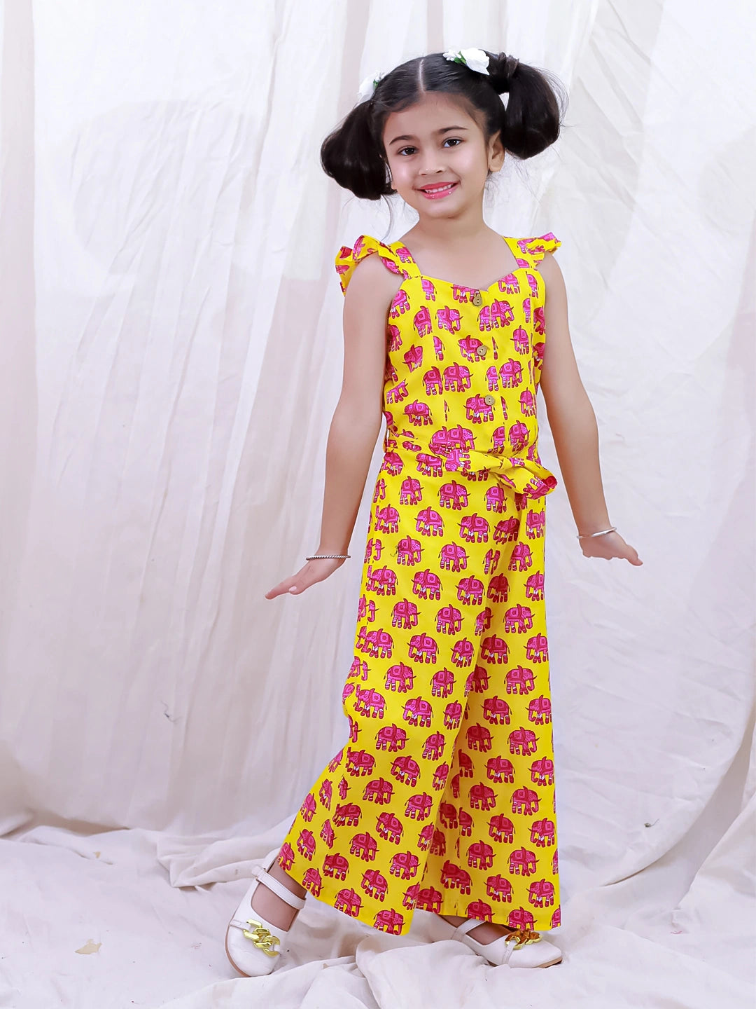 BownBee Pure Cotton Sleeveless Quirky Printed  Jumpsuit For Girls - Yellow
