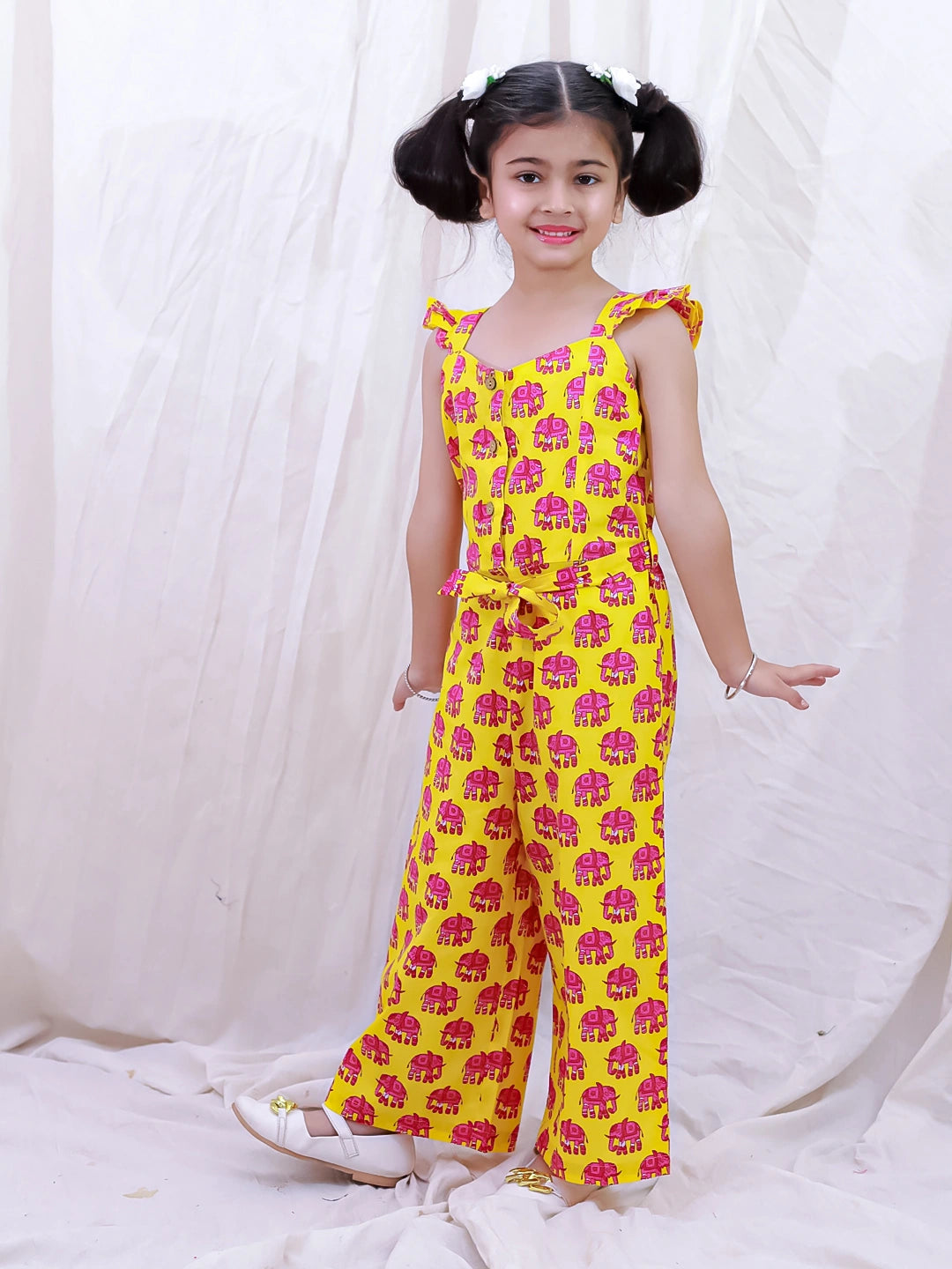 BownBee Pure Cotton Sleeveless Quirky Printed  Jumpsuit For Girls - Yellow