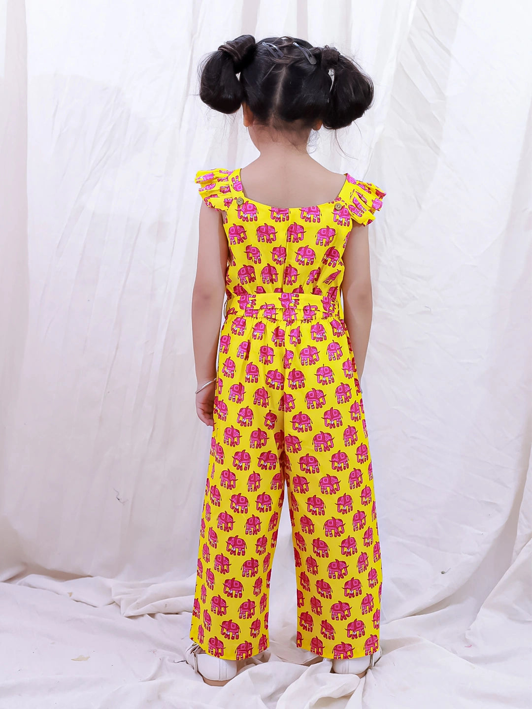 BownBee Pure Cotton Sleeveless Quirky Printed  Jumpsuit For Girls - Yellow