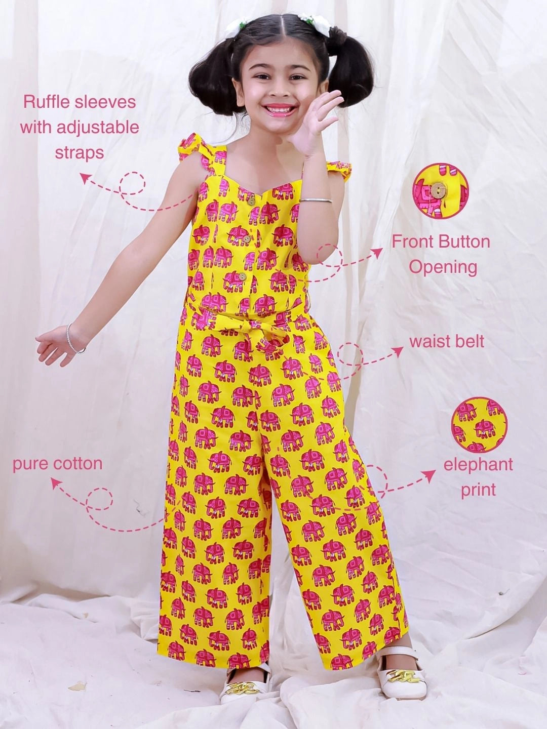 BownBee Pure Cotton Sleeveless Quirky Printed  Jumpsuit For Girls - Yellow