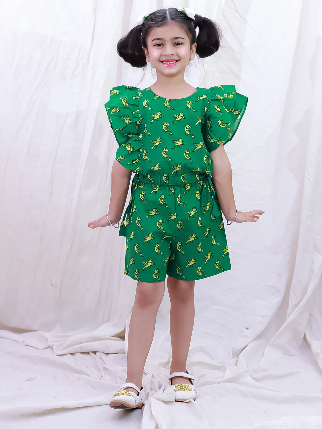 BownBee Pure Cotton Sleeveless Quirky Printed  Jumpsuit For Girls - Green