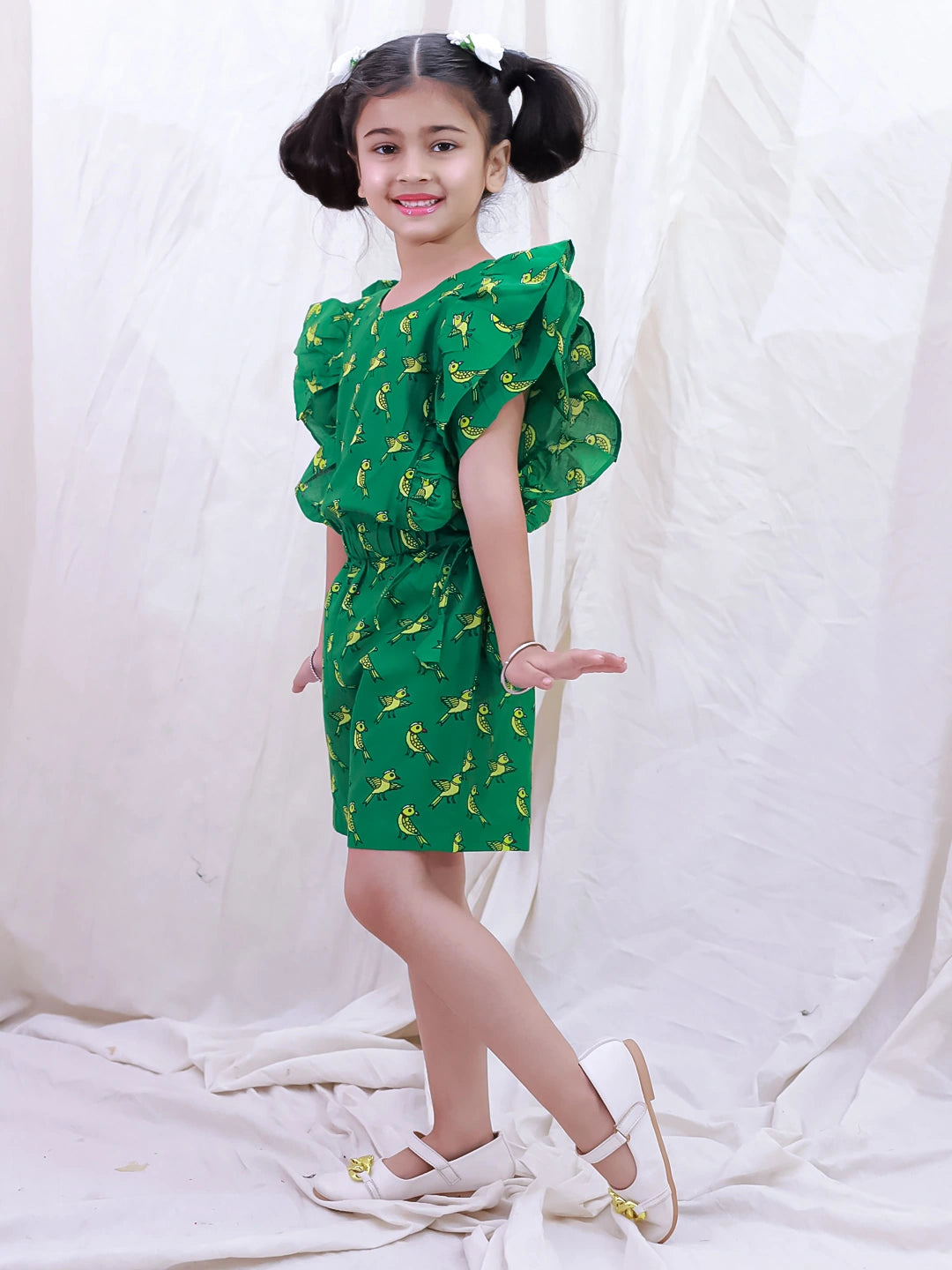 BownBee Pure Cotton Sleeveless Quirky Printed  Jumpsuit For Girls - Green