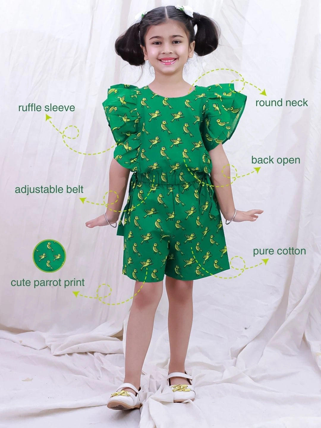 BownBee Pure Cotton Sleeveless Quirky Printed  Jumpsuit For Girls - Green