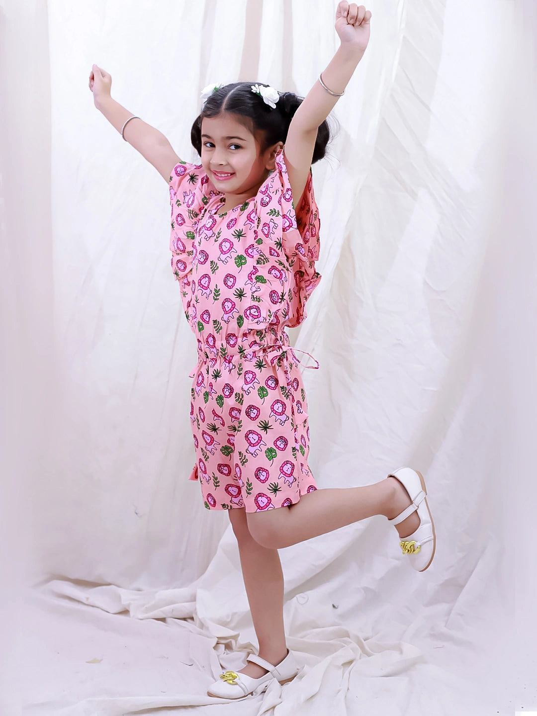 BownBee Pure Cotton Sleeveless Quirky Printed  Jumpsuit For Girls - Green