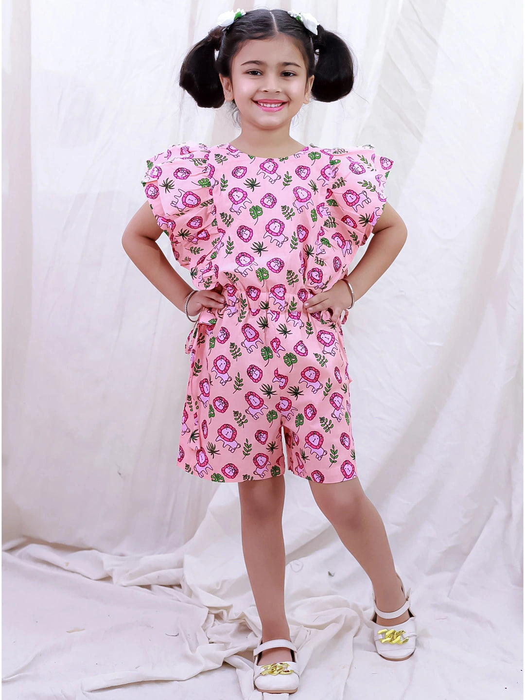 BownBee Pure Cotton Sleeveless Quirky Printed  Jumpsuit For Girls - Green