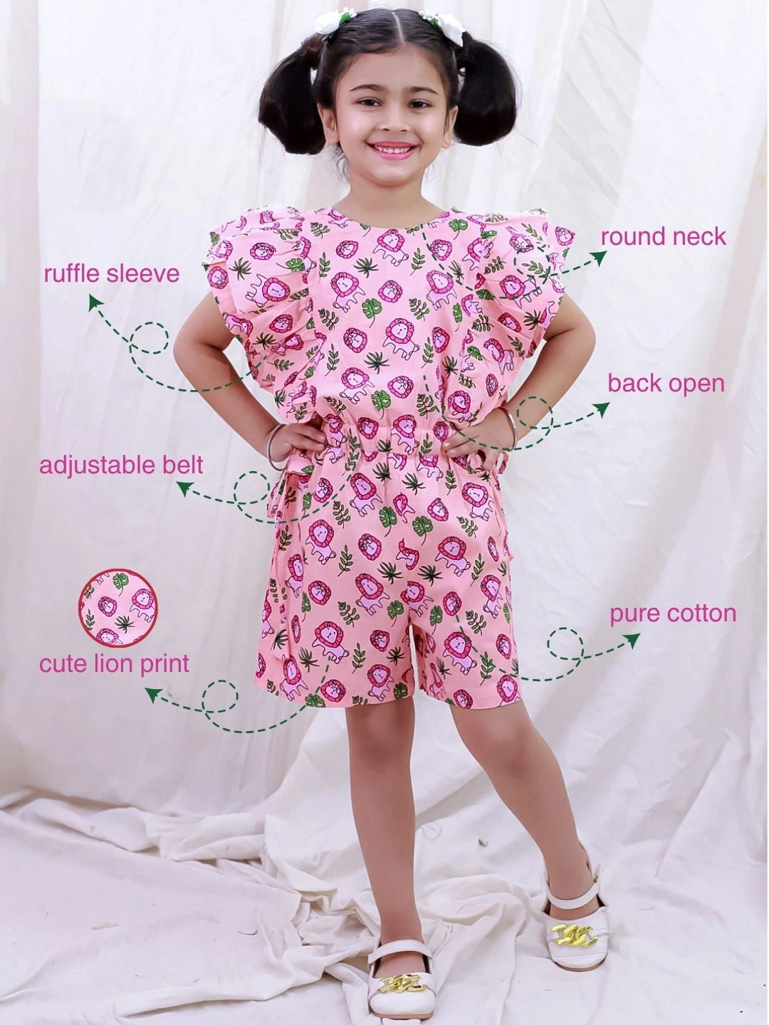 BownBee Pure Cotton Sleeveless Quirky Printed  Jumpsuit For Girls - Green