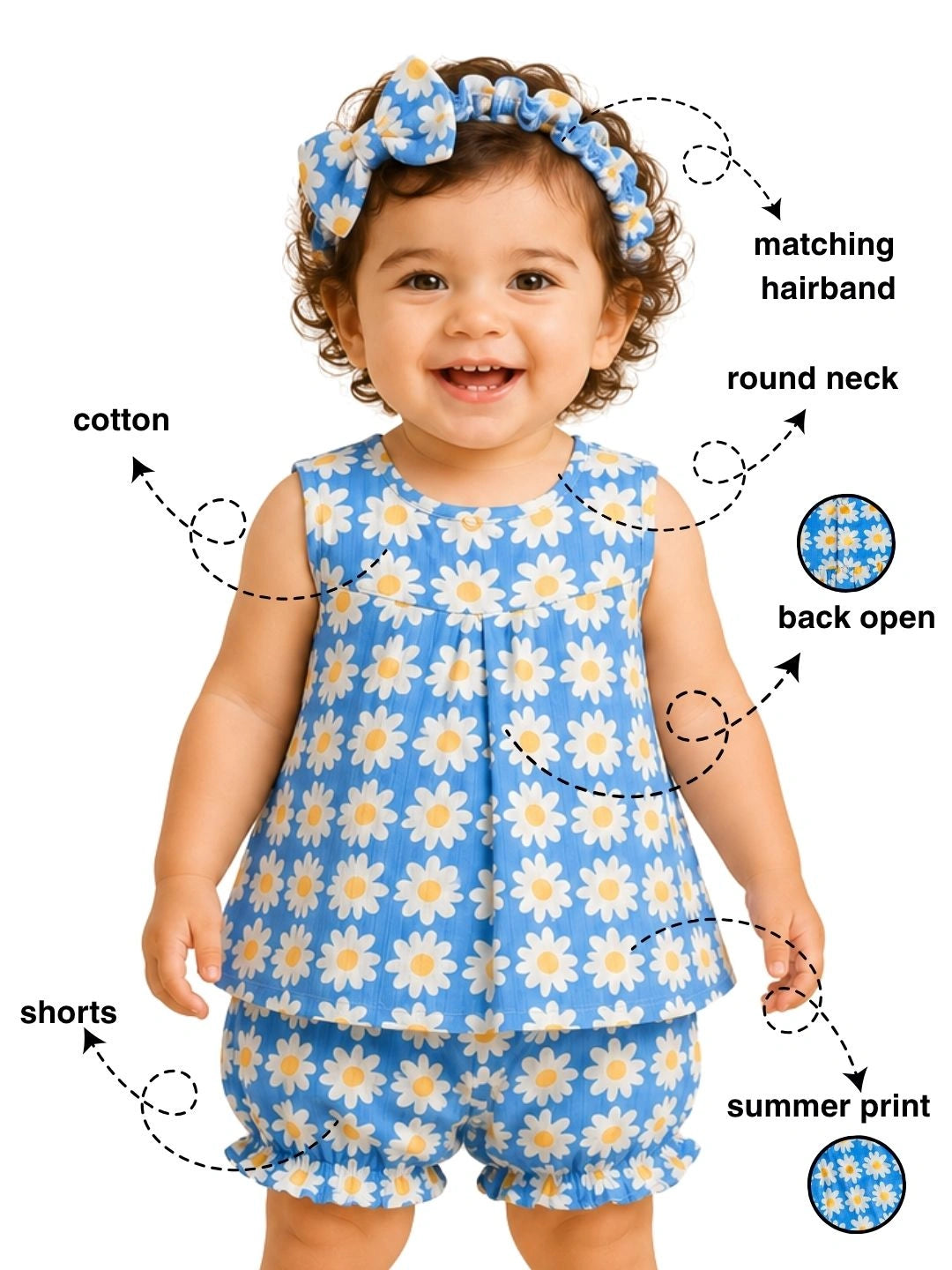 BownBee Sleeveless Jhabla & Shorts With Hairband For Girls