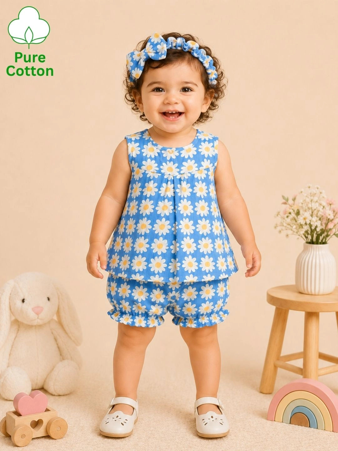 BownBee Sleeveless Jhabla & Shorts With Hairband For Girls