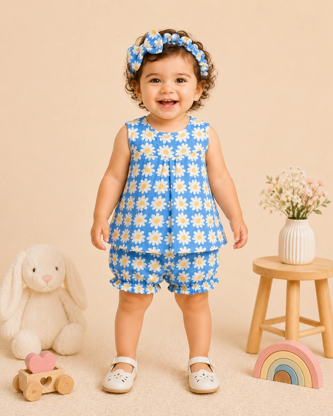 BownBee Sleeveless Jhabla & Shorts With Hairband For Girls