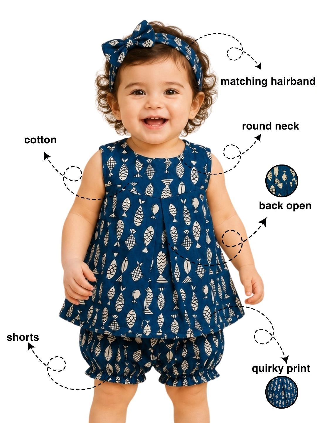BownBee Sleeveless Jhabla & Shorts With Hairband For Girls