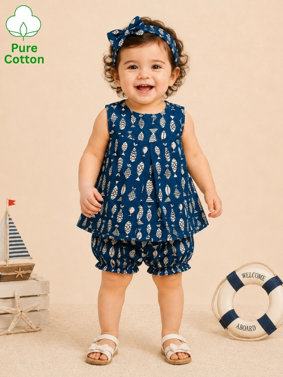 BownBee Sleeveless Jhabla & Shorts With Hairband For Girls