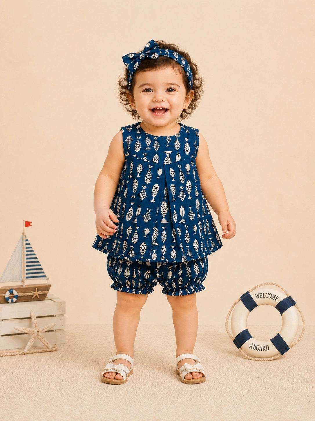 BownBee Sleeveless Jhabla & Shorts With Hairband For Girls