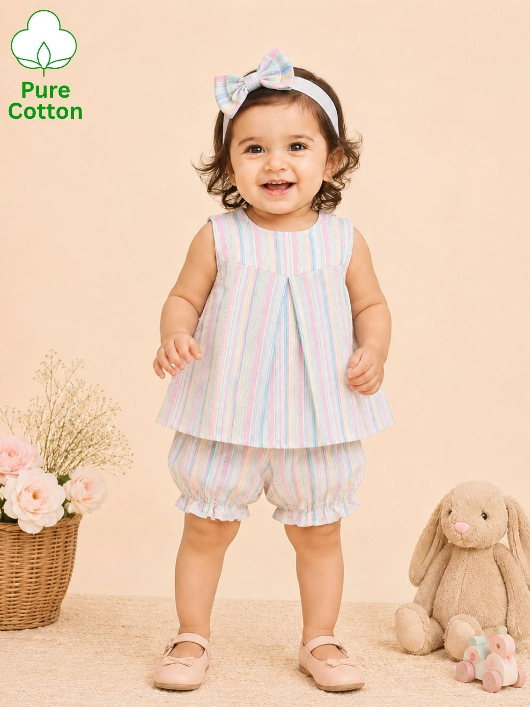 BownBee Sleeveless Jhabla & Shorts With Hairband For Girls