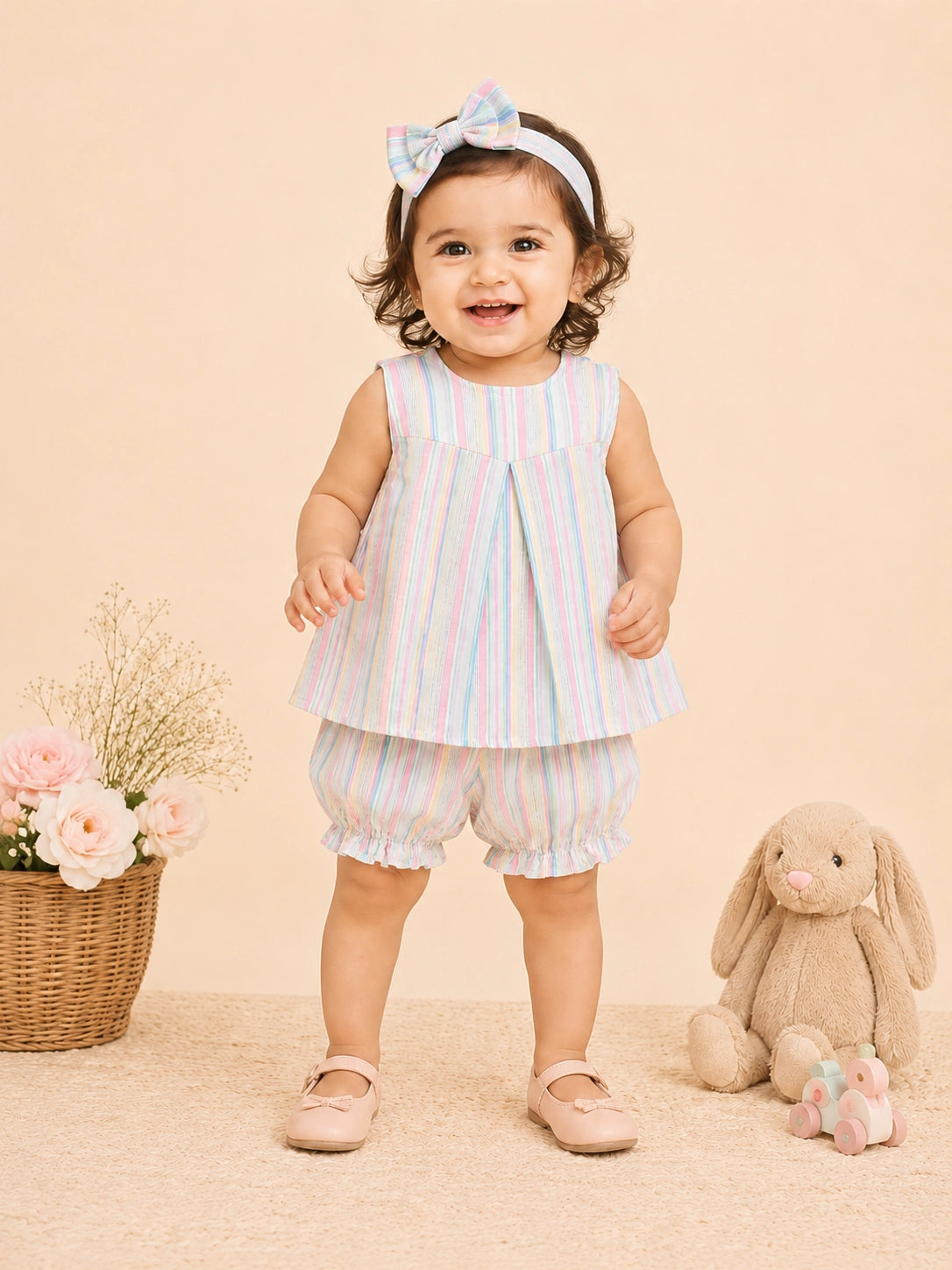 BownBee Sleeveless Jhabla & Shorts With Hairband For Girls