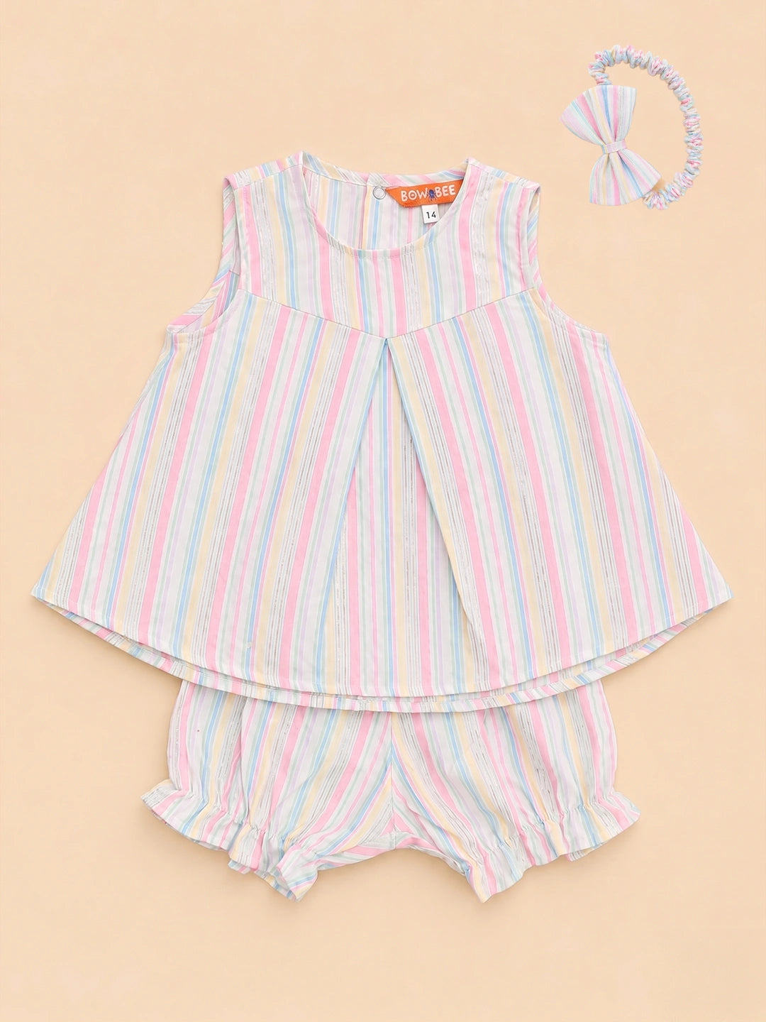 BownBee Sleeveless Jhabla & Shorts With Hairband For Girls
