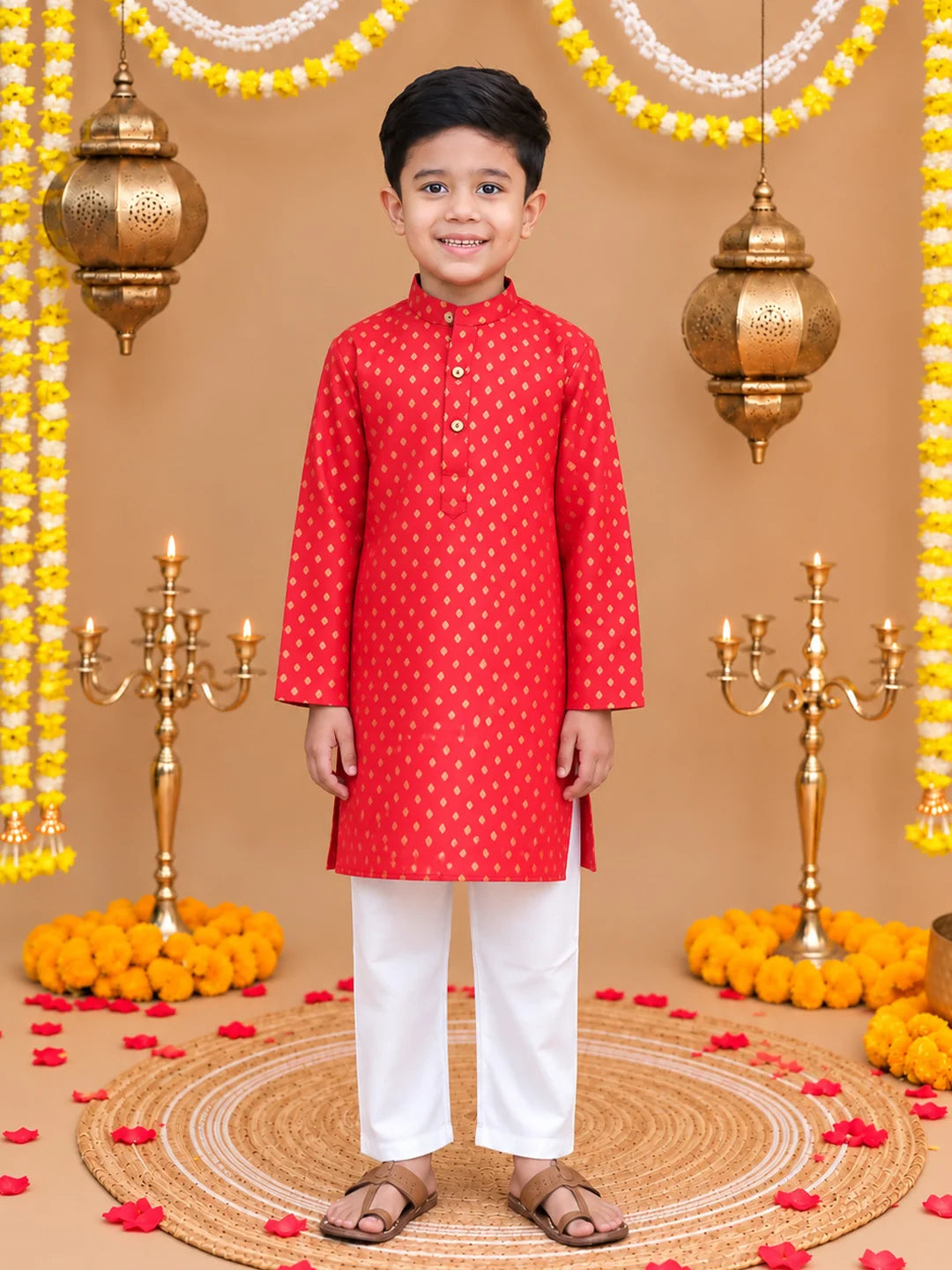 BownBee Full Sleeve Printed Cotton Kurta Pajama Set For Boys
