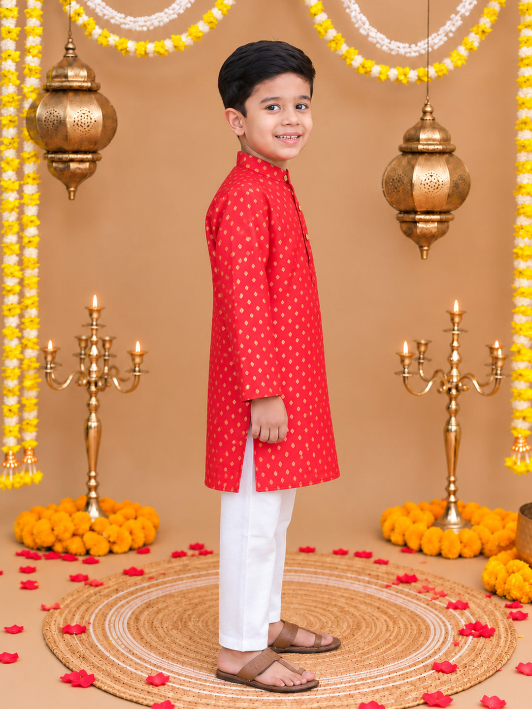 BownBee Full Sleeve Printed Cotton Kurta Pajama Set For Boys