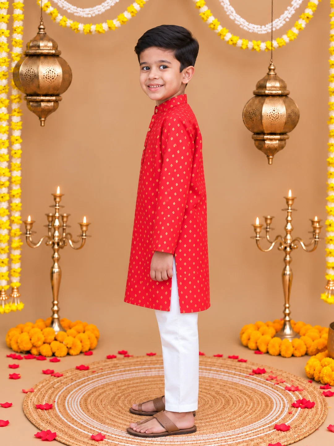 BownBee Full Sleeve Printed Cotton Kurta Pajama Set For Boys