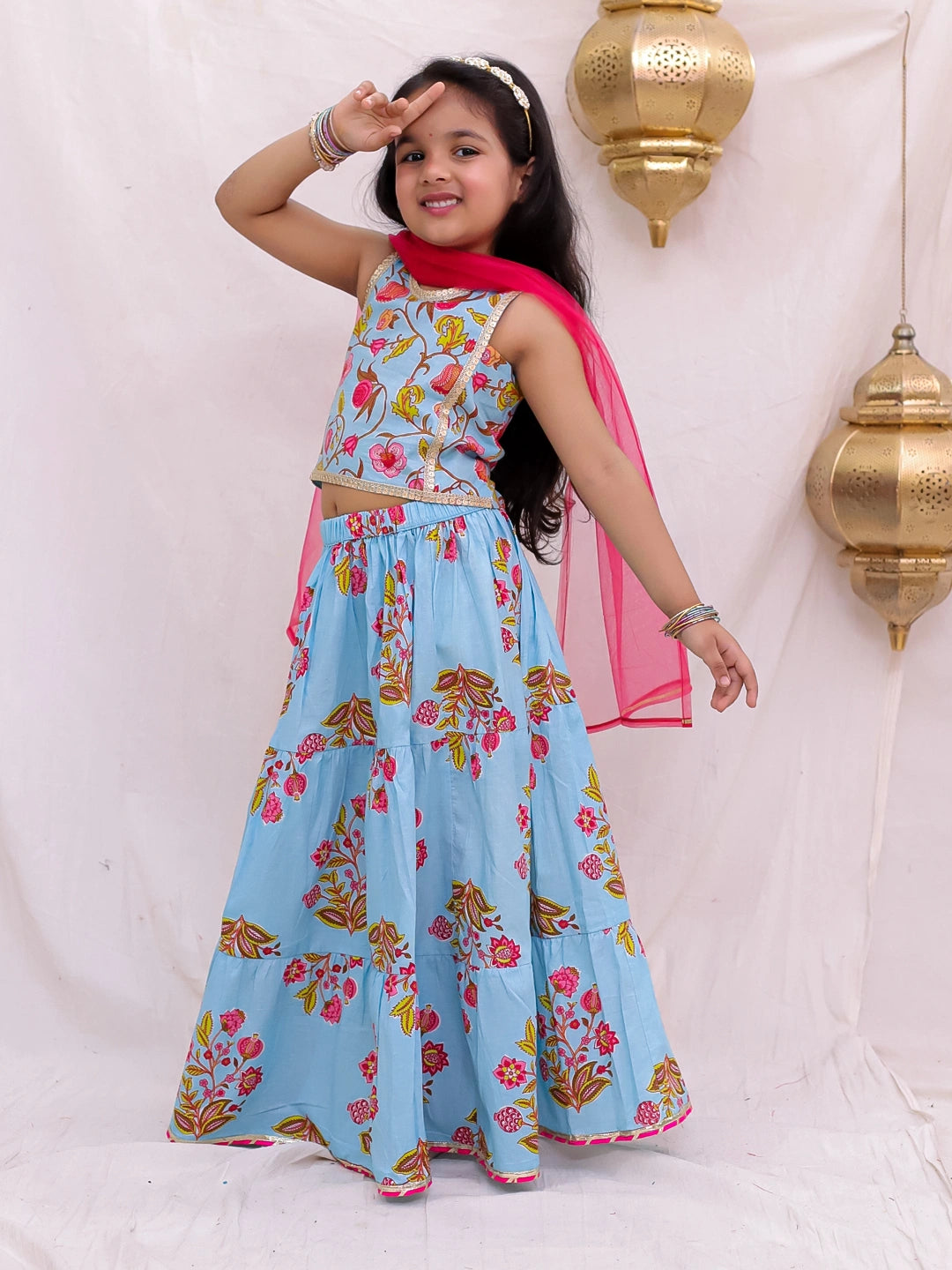 BownBee Sleeveless Lehenga Choli With Dupatta Set For Girls