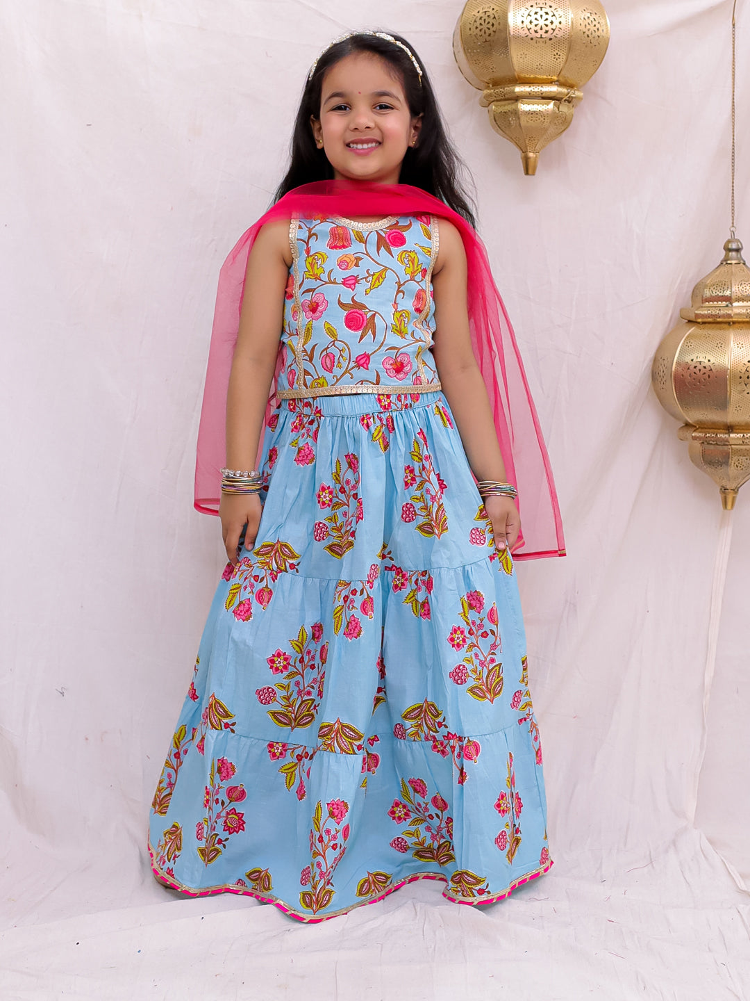 Pure Cotton Sleeveless Lehenga Choli With Dupatta Sibling Set Pink & Blue Combo