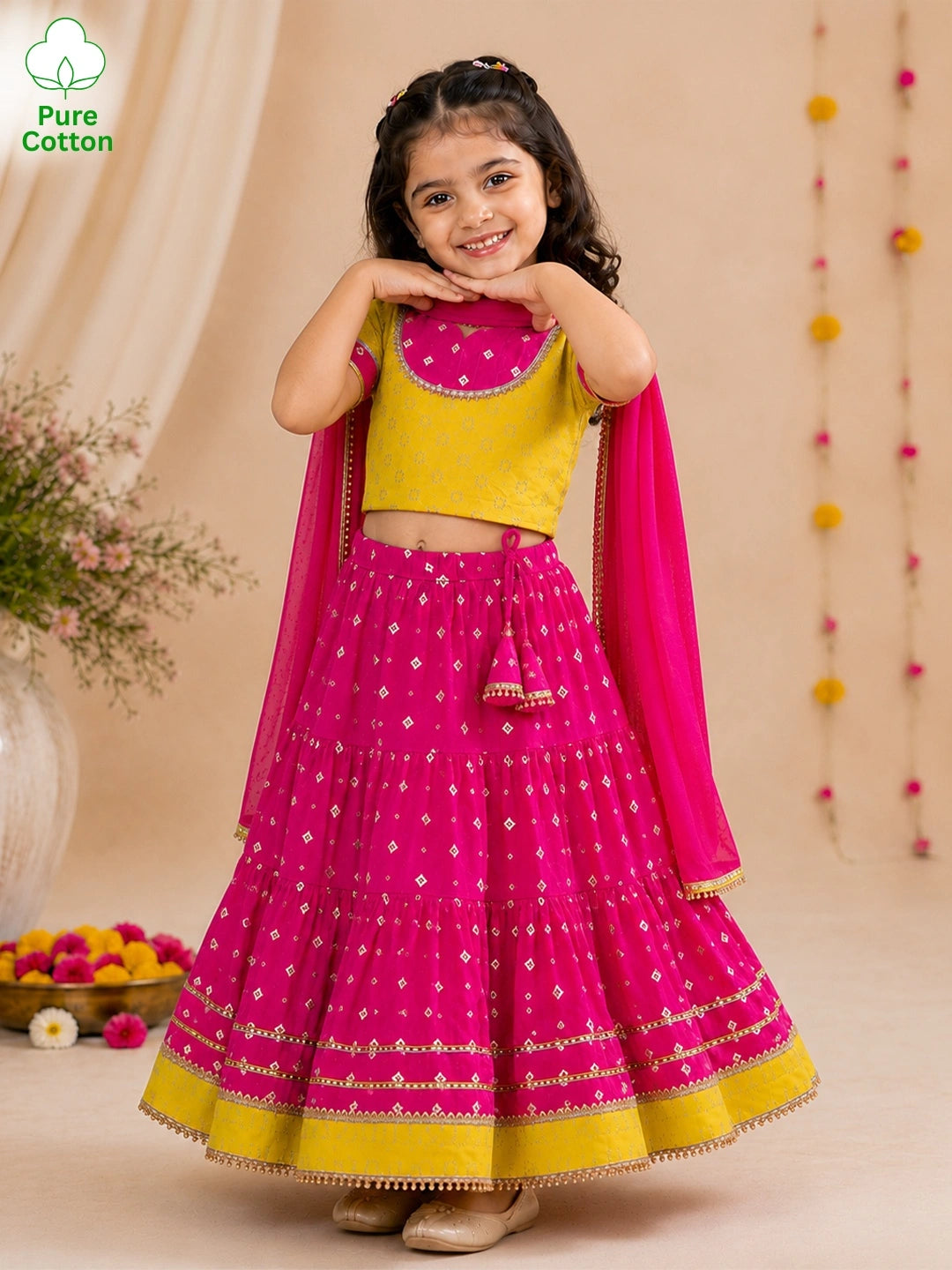 BownBee Pure cotton Half Sleeve Lehenga Choli With Dupatta Set For Girls