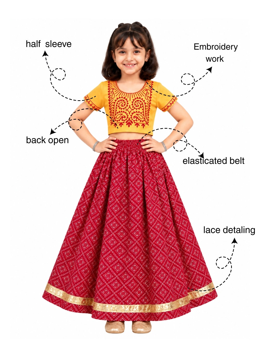 BownBee Pure Cotton Embroidered Lehenga Choli Set For Girls