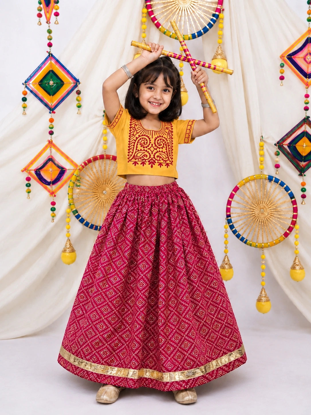 BownBee Pure Cotton Embroidered Lehenga Choli Set For Girls