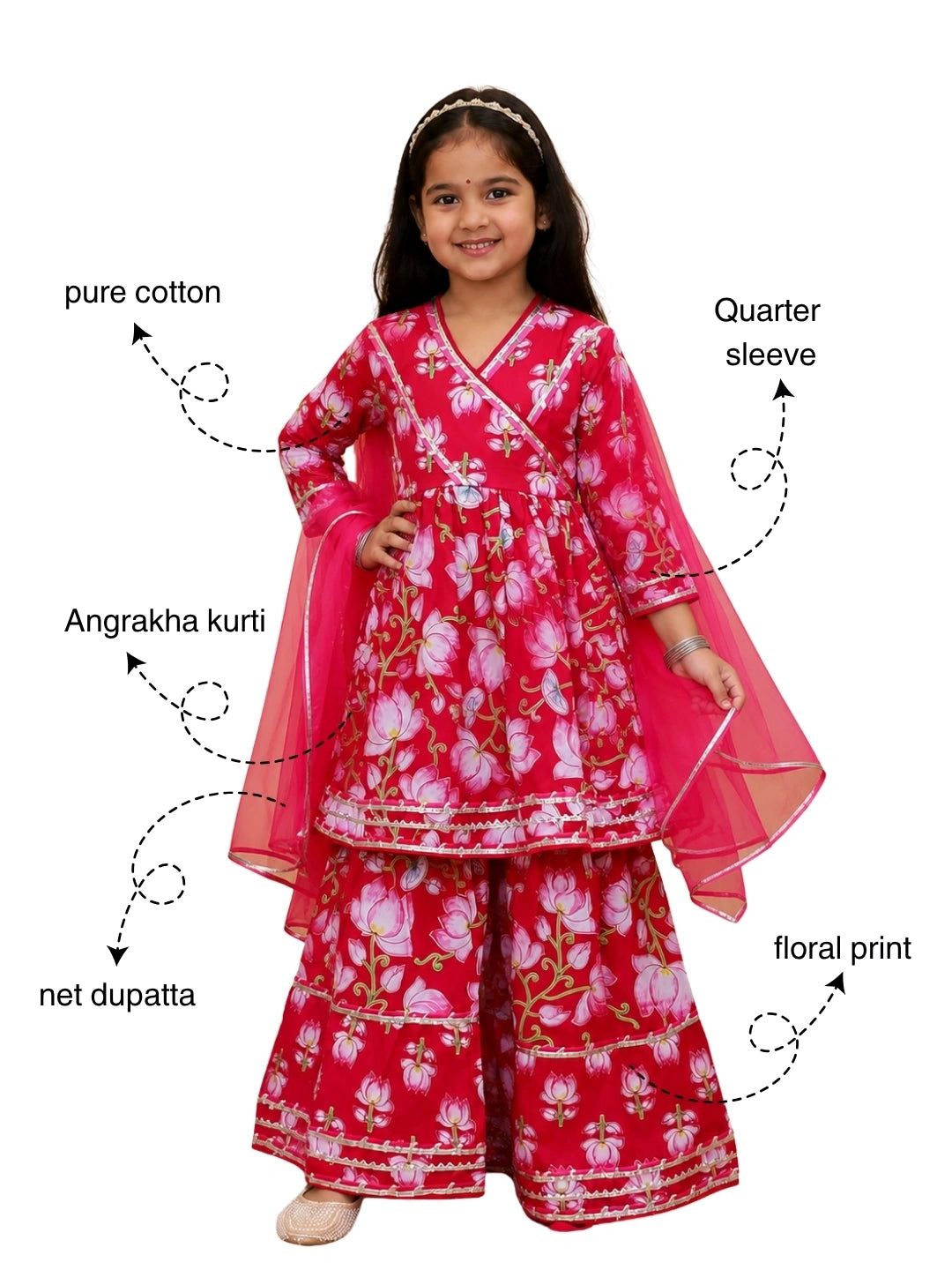 BownBee Pure Cotton Printed Quater Sleeves  Angarakha Anarkali Kurti With Sharara & Dupatta Set For Girls