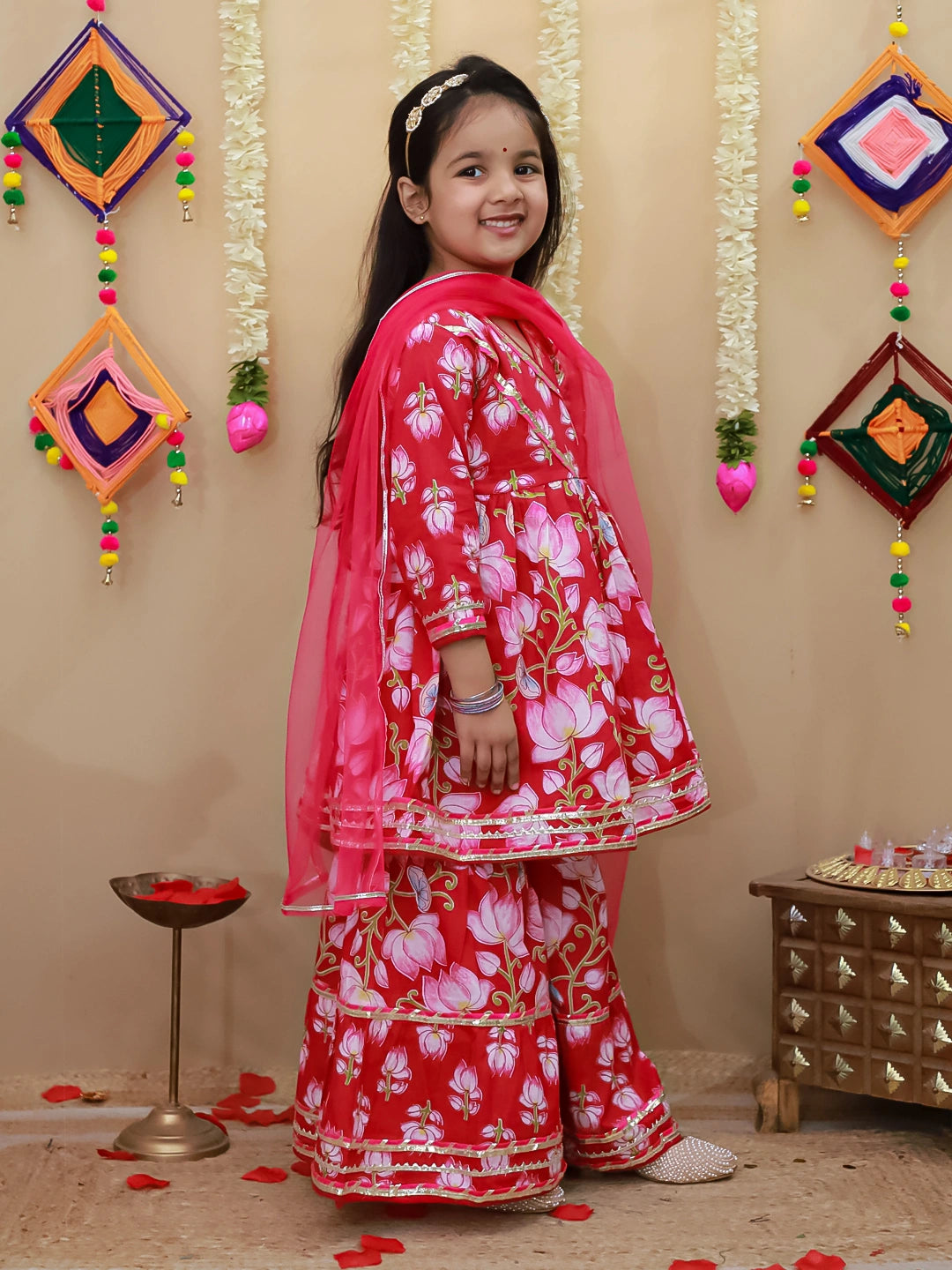 BownBee Pure Cotton Printed Quater Sleeves  Angarakha Anarkali Kurti With Sharara & Dupatta Set For Girls- Pink