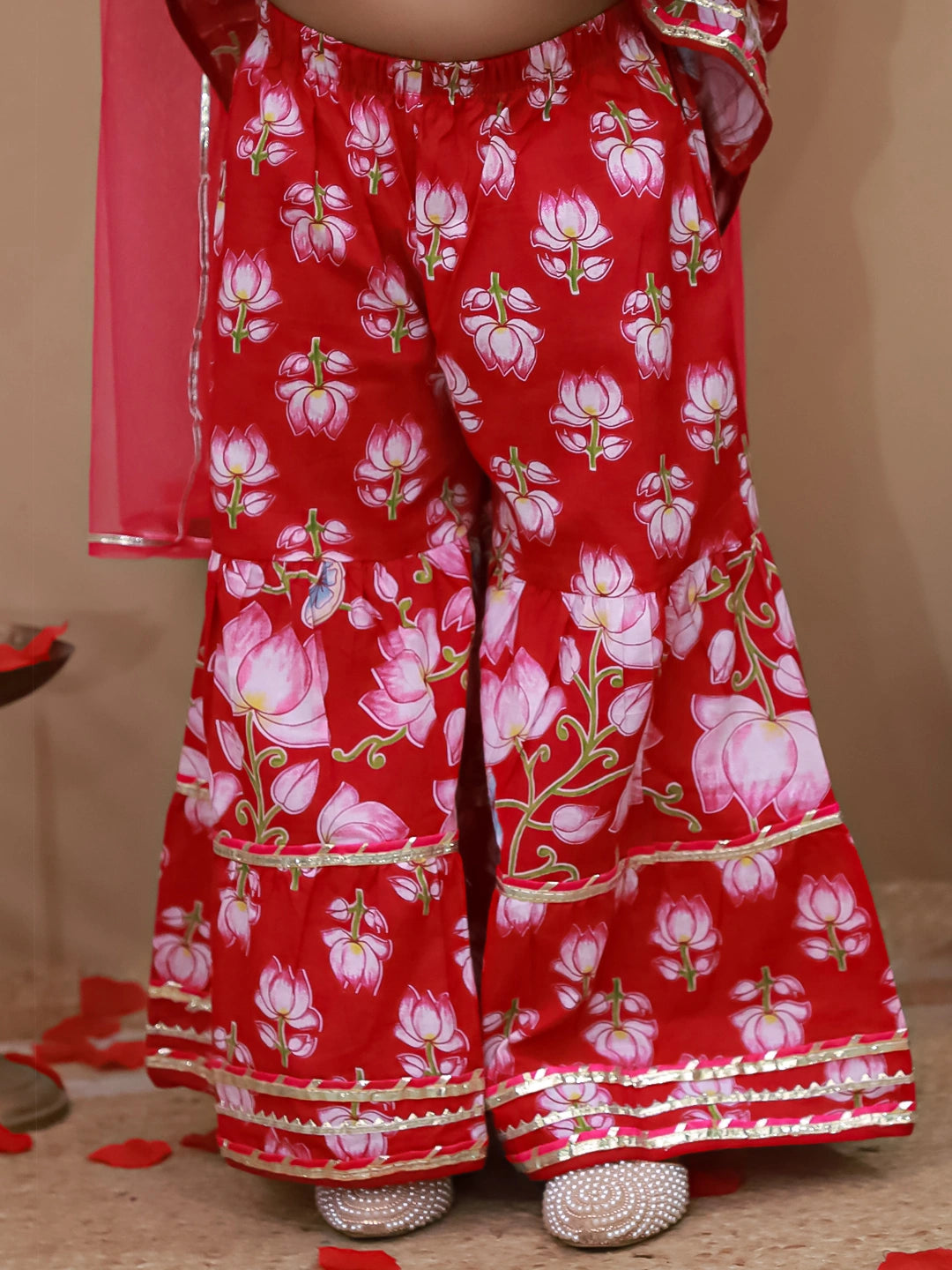 BownBee Pure Cotton Printed Quater Sleeves  Angarakha Anarkali Kurti With Sharara & Dupatta Set For Girls- Pink