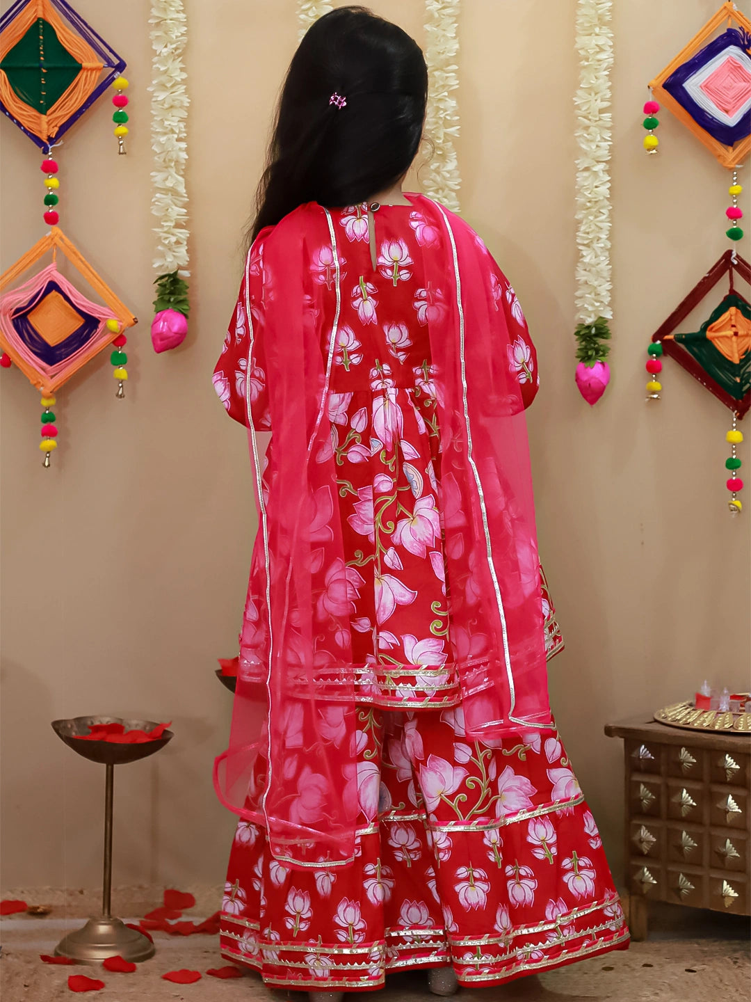 BownBee Pure Cotton Printed Quater Sleeves  Angarakha Anarkali Kurti With Sharara & Dupatta Set For Girls- Pink