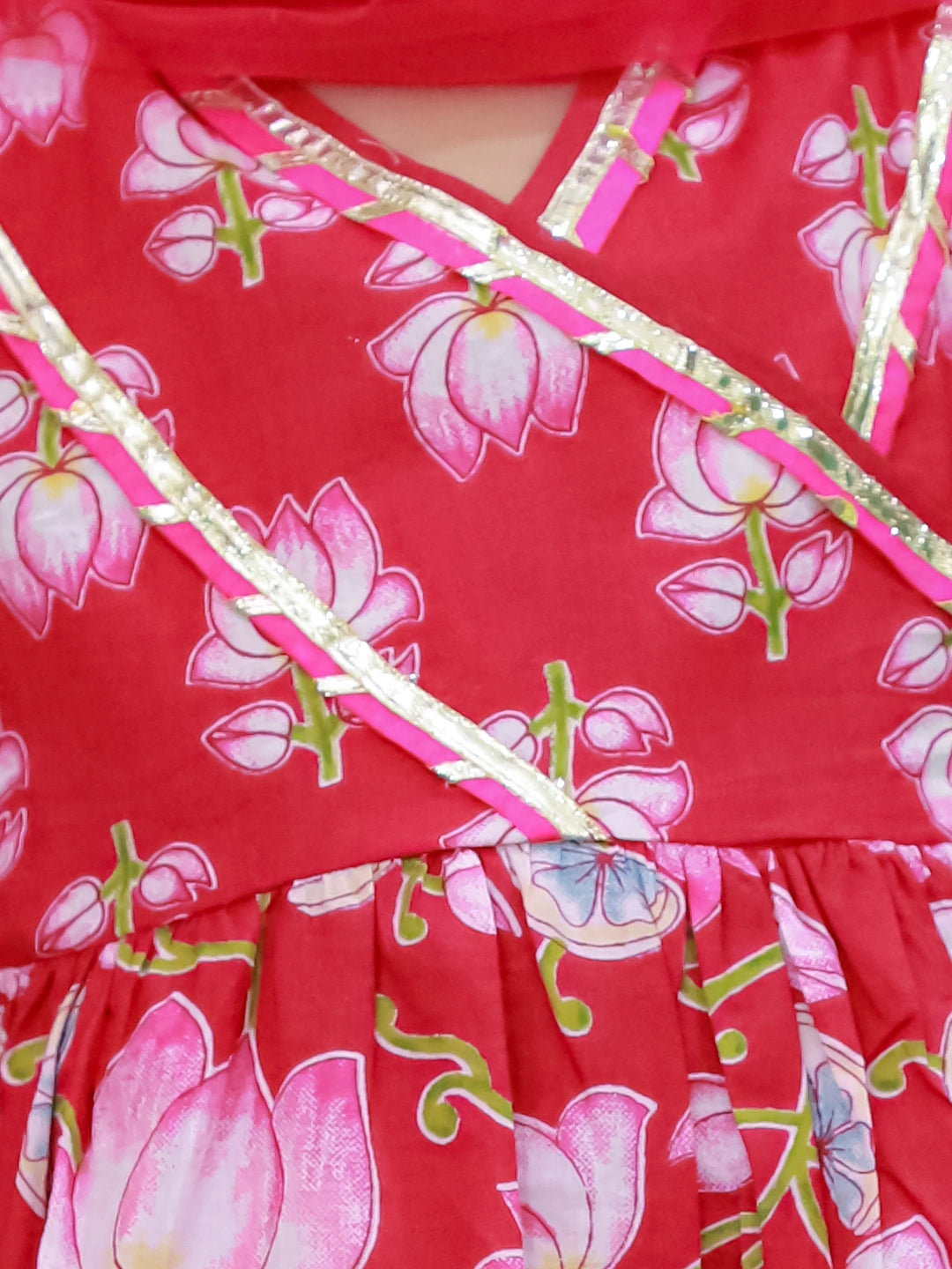 BownBee Pure Cotton Printed Quater Sleeves  Angarakha Anarkali Kurti With Sharara & Dupatta Set For Girls- Pink