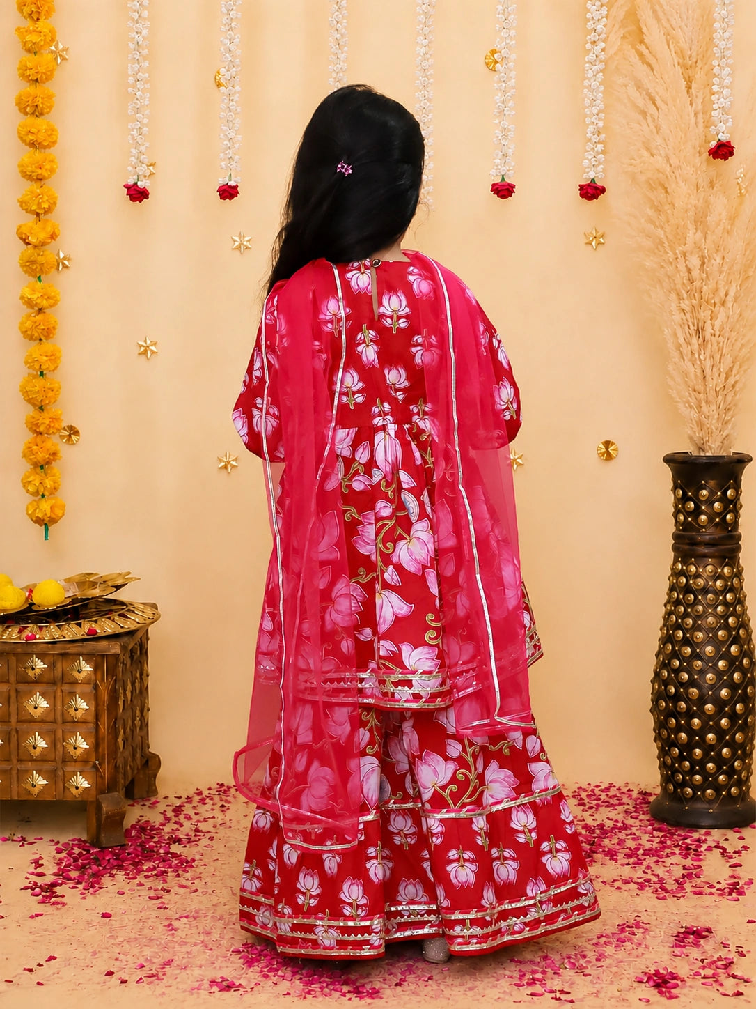BownBee Pure Cotton Printed Quater Sleeves  Angarakha Anarkali Kurti With Sharara & Dupatta Set For Girls