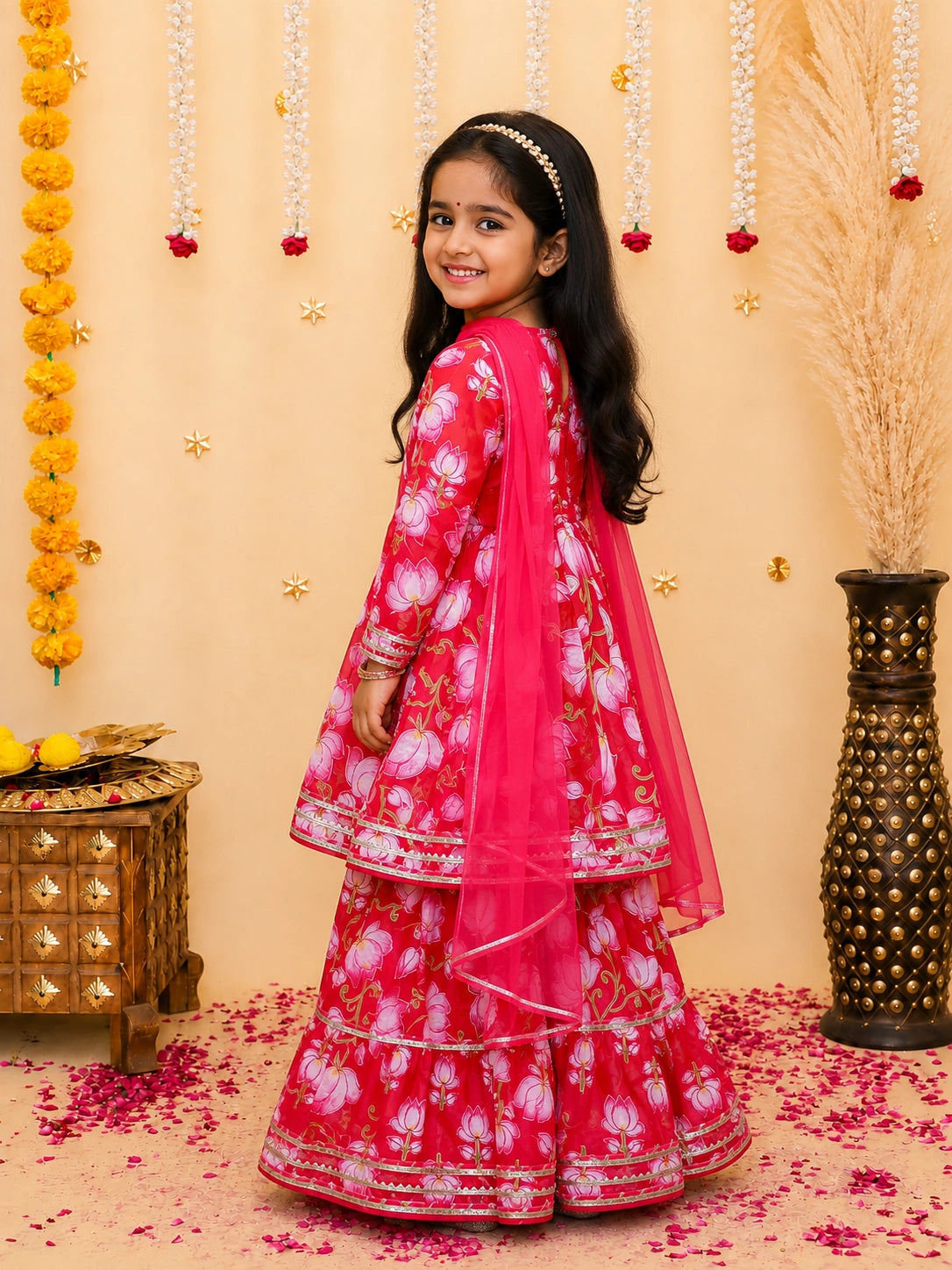 BownBee Pure Cotton Printed Quater Sleeves  Angarakha Anarkali Kurti With Sharara & Dupatta Set For Girls