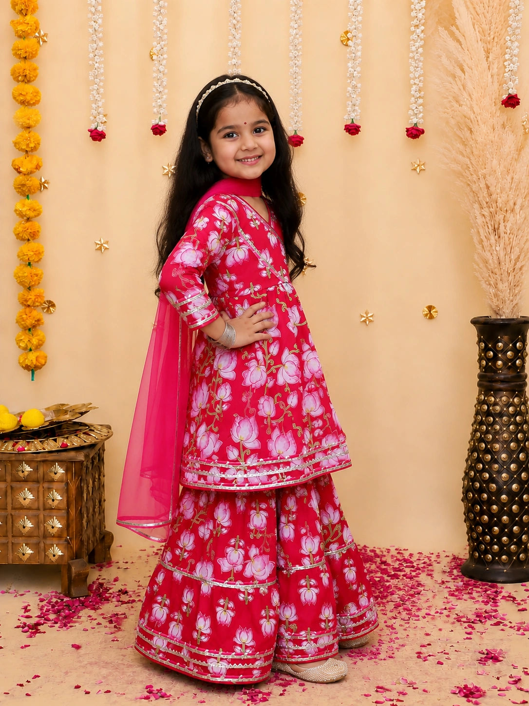 BownBee Pure Cotton Printed Quater Sleeves  Angarakha Anarkali Kurti With Sharara & Dupatta Set For Girls