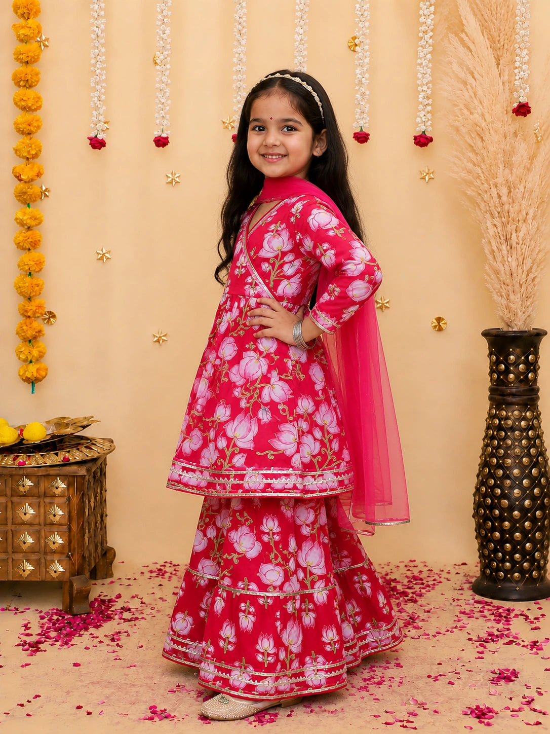 BownBee Pure Cotton Printed Quater Sleeves  Angarakha Anarkali Kurti With Sharara & Dupatta Set For Girls