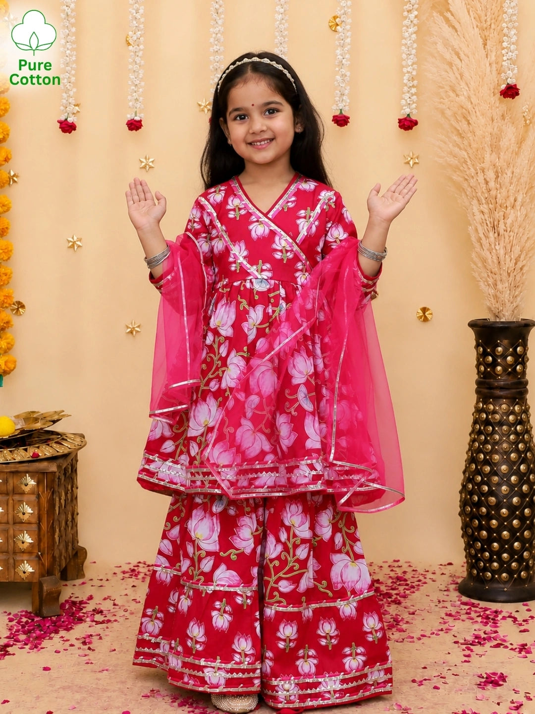 BownBee Pure Cotton Printed Quater Sleeves  Angarakha Anarkali Kurti With Sharara & Dupatta Set For Girls