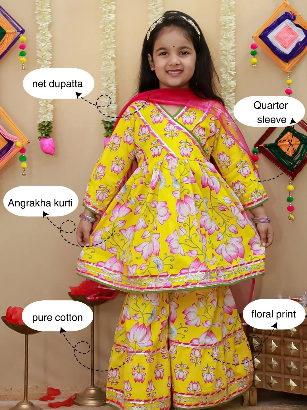 BownBee Pure Cotton Printed Quater Sleeves  Angarakha Anarkali Kurti With Sharara & Dupatta Set For Girls- Pink