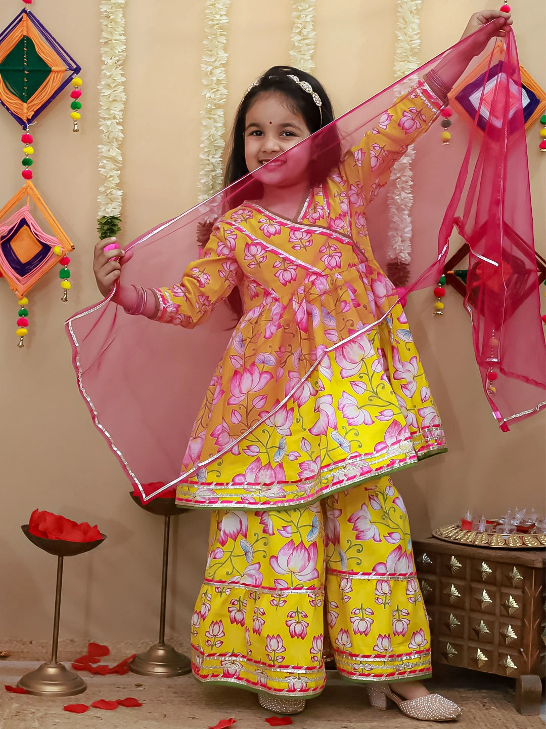 BownBee Pure Cotton Printed Quater Sleeves  Angarakha Anarkali Kurti With Sharara & Dupatta Set For Girls- Pink