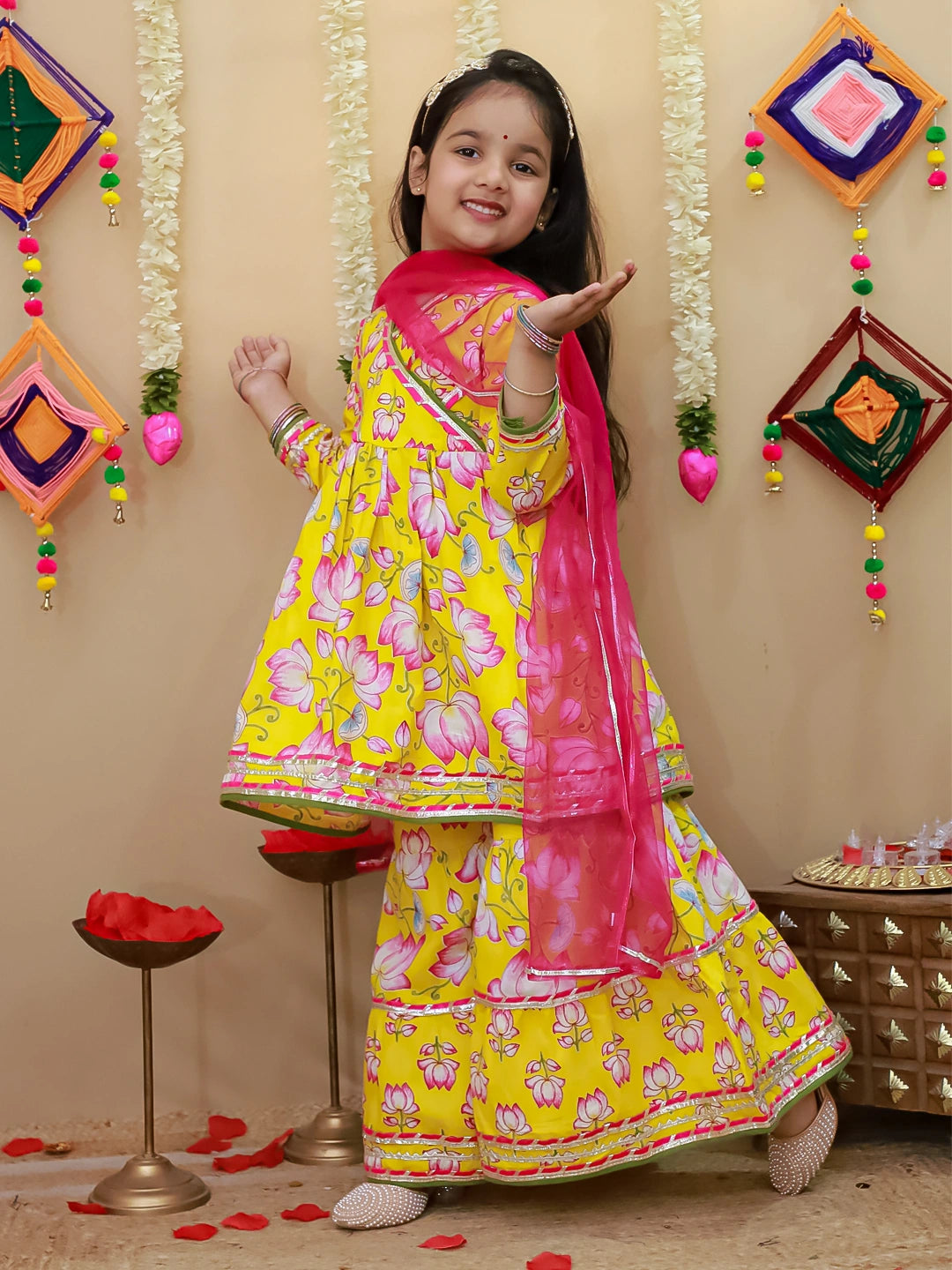 BownBee Pure Cotton Printed Quater Sleeves  Angarakha Anarkali Kurti With Sharara & Dupatta Set For Girls- Pink