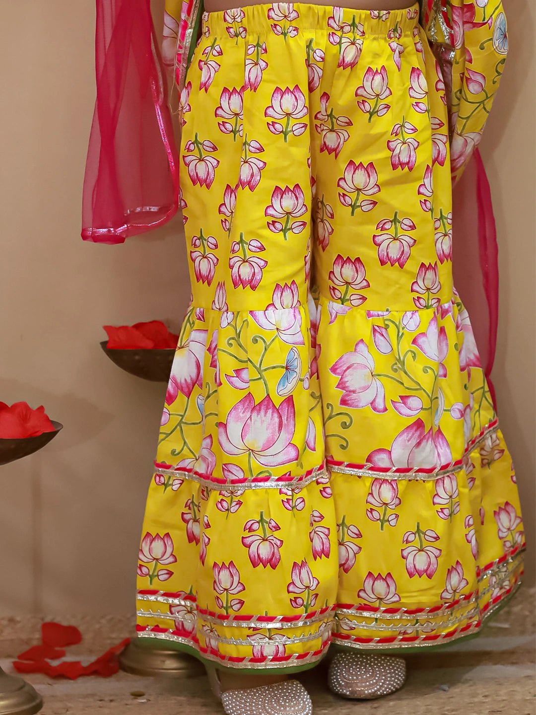 BownBee Pure Cotton Printed Quater Sleeves  Angarakha Anarkali Kurti With Sharara & Dupatta Set For Girls- Pink