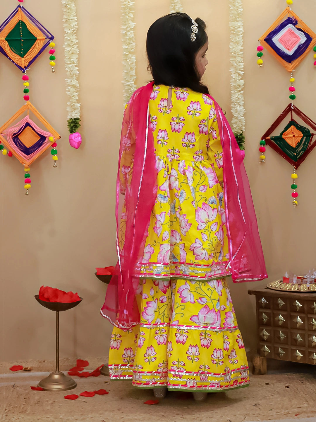 BownBee Pure Cotton Printed Quater Sleeves  Angarakha Anarkali Kurti With Sharara & Dupatta Set For Girls- Pink