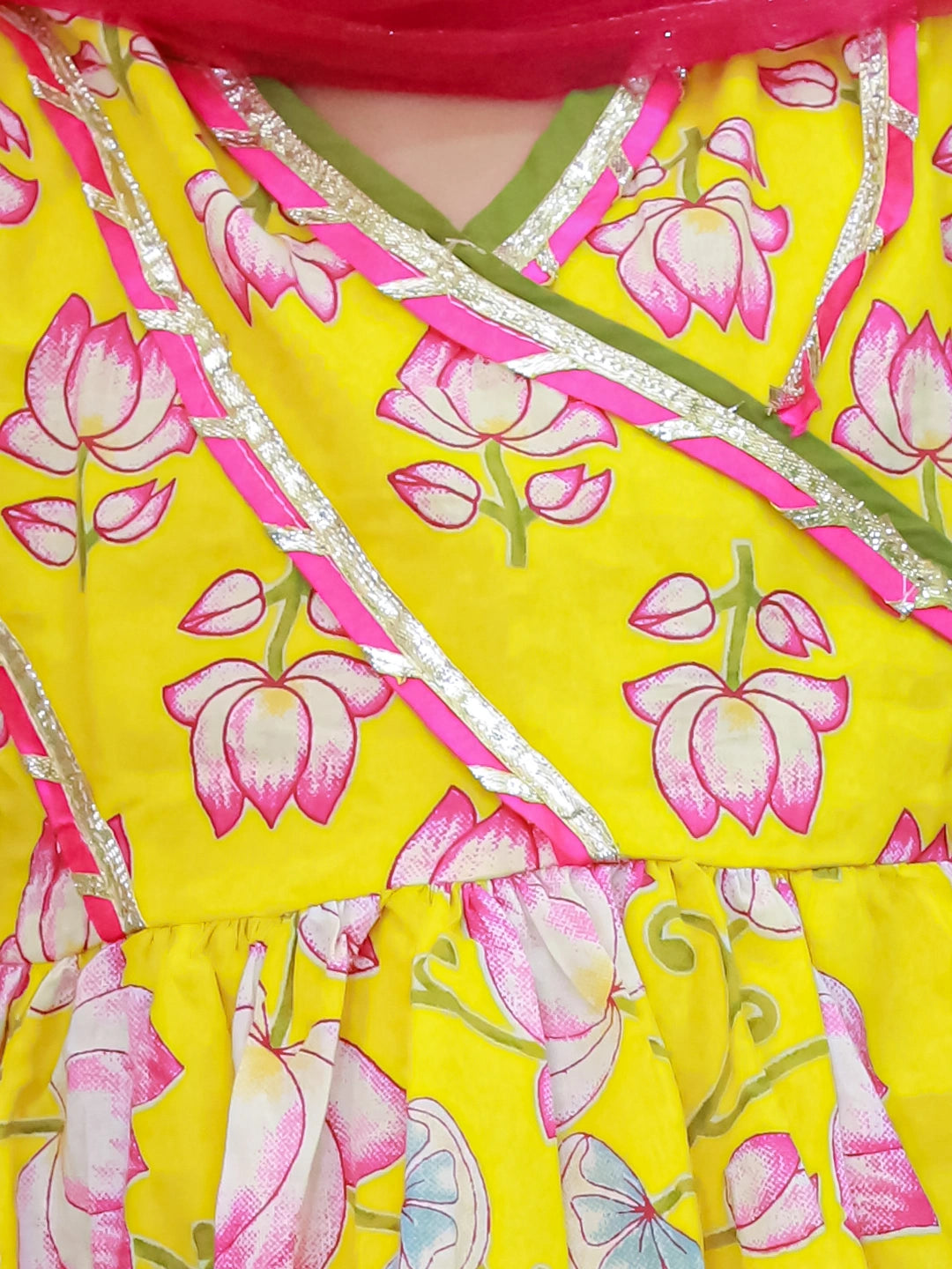 BownBee Pure Cotton Printed Quater Sleeves  Angarakha Anarkali Kurti With Sharara & Dupatta Set For Girls- Pink