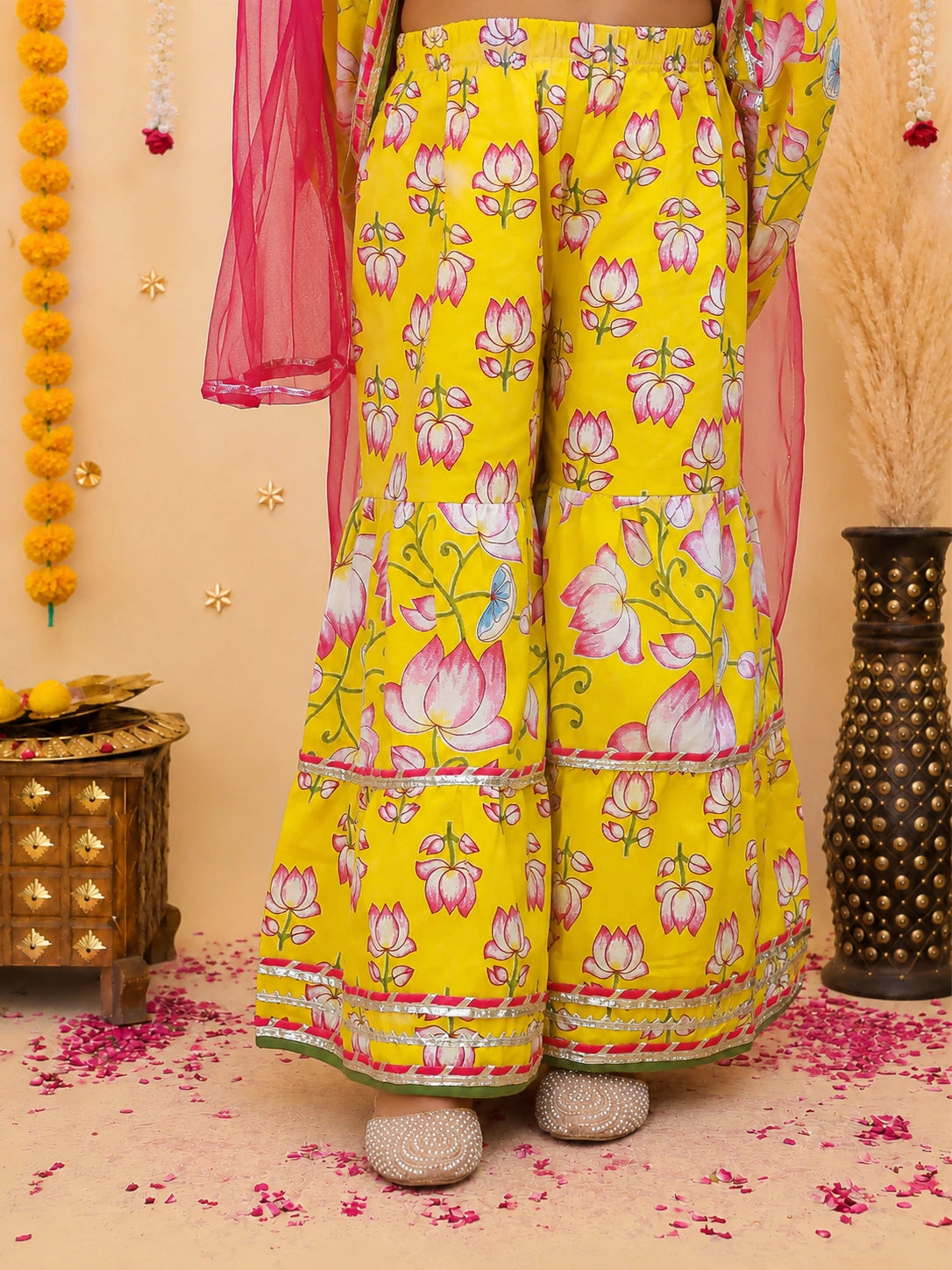 BownBee Pure Cotton Printed Quater Sleeves  Angarakha Anarkali Kurti With Sharara & Dupatta Set For Girls