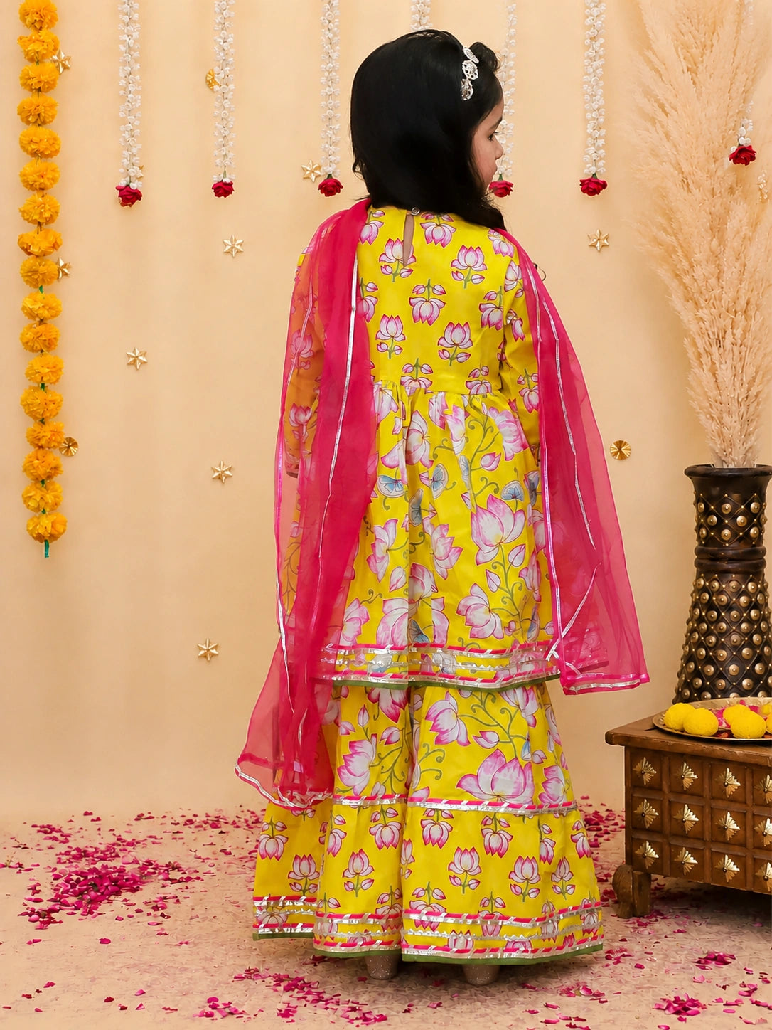 BownBee Pure Cotton Printed Quater Sleeves  Angarakha Anarkali Kurti With Sharara & Dupatta Set For Girls