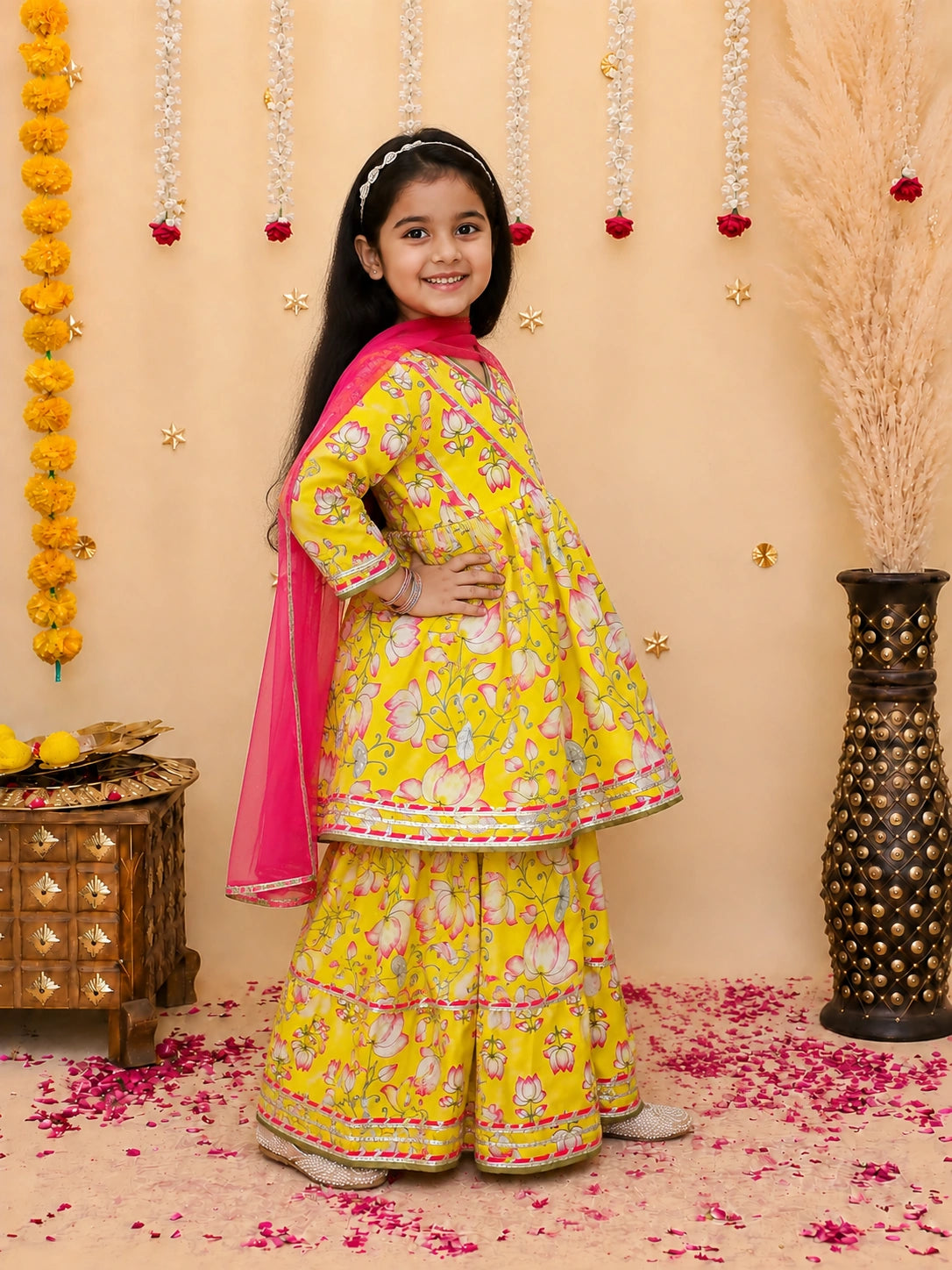 BownBee Pure Cotton Printed Quater Sleeves  Angarakha Anarkali Kurti With Sharara & Dupatta Set For Girls