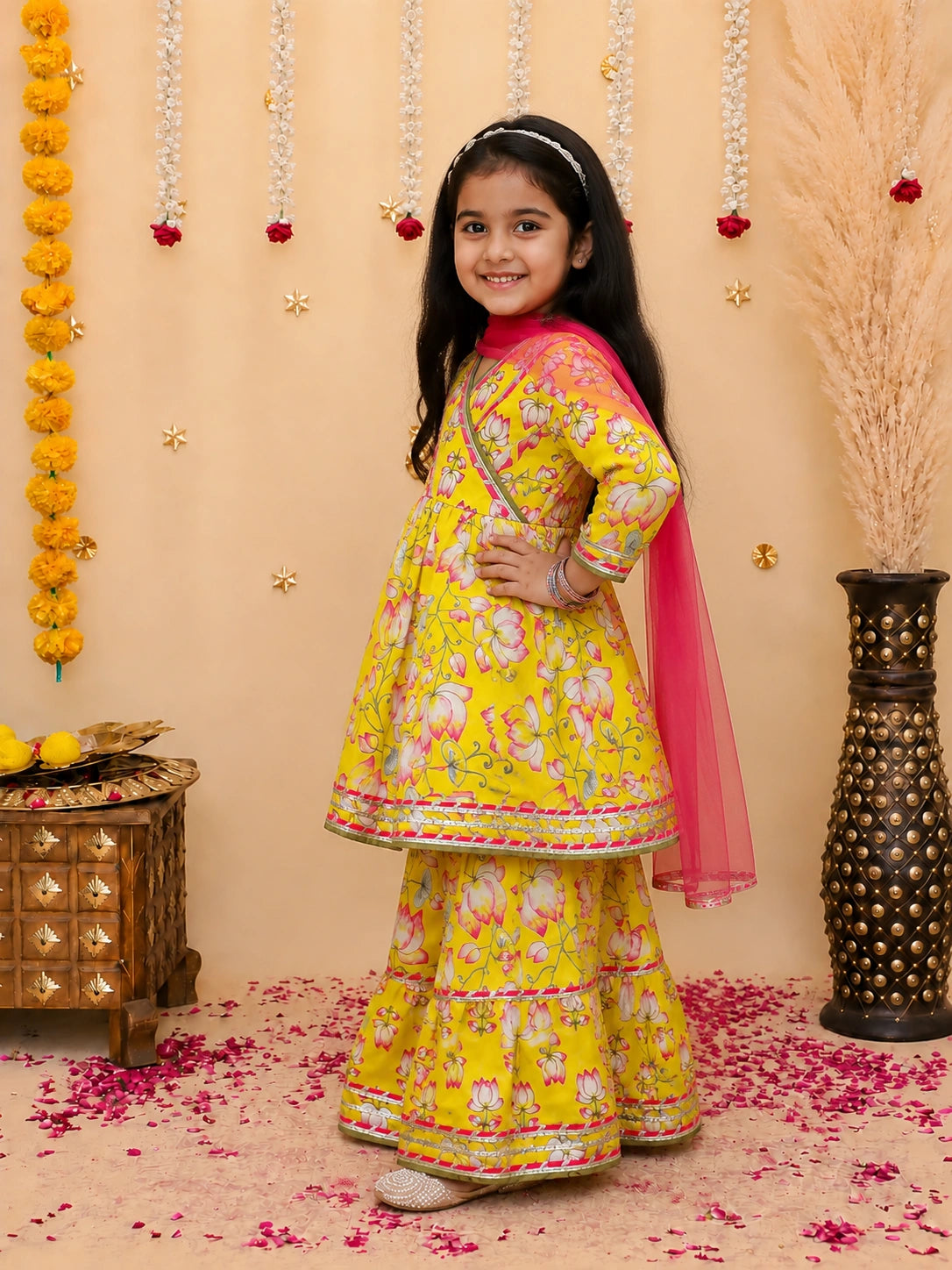 BownBee Pure Cotton Printed Quater Sleeves  Angarakha Anarkali Kurti With Sharara & Dupatta Set For Girls