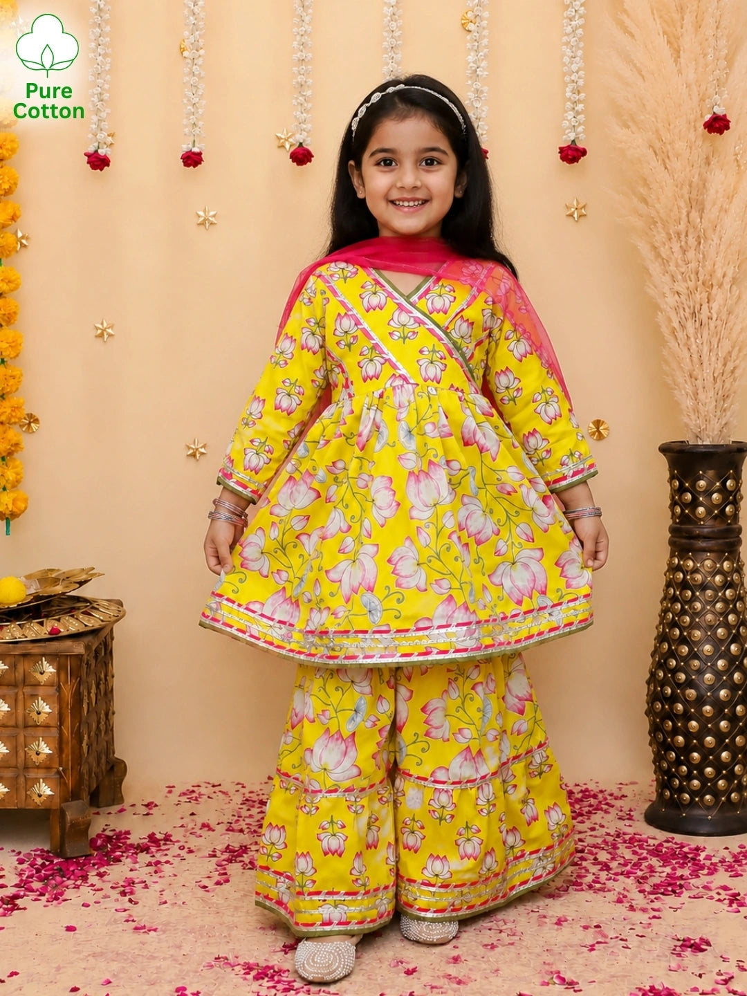 BownBee Pure Cotton Printed Quater Sleeves  Angarakha Anarkali Kurti With Sharara & Dupatta Set For Girls